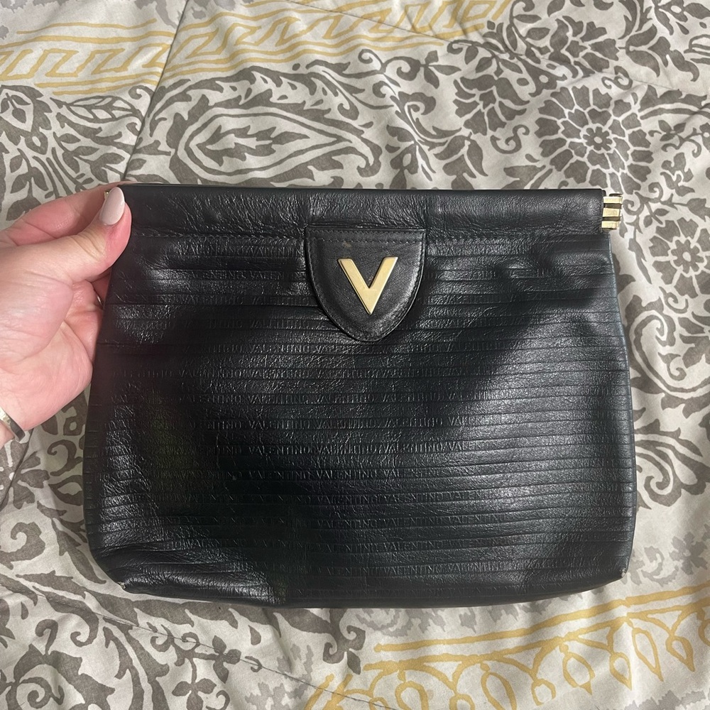 Authentic Valentino Black Leather Clutch with Gold Accent